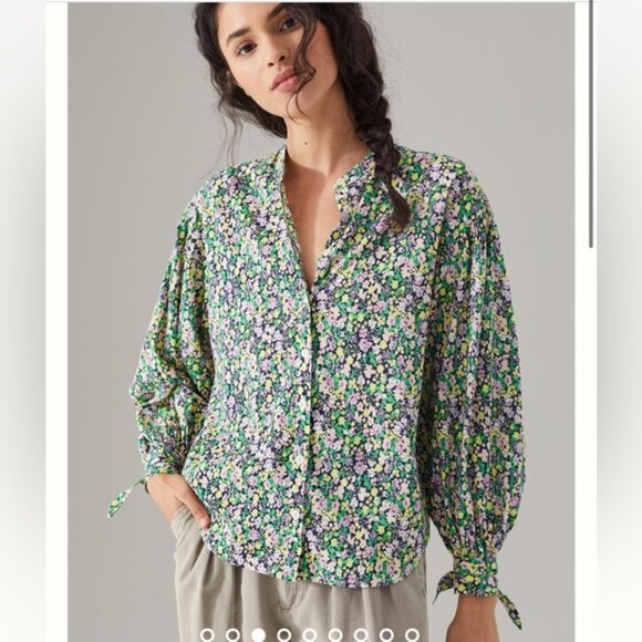 Anthropologie Maeve Ashleigh Floral Puff Sleeved Ties Button Down Oversize Top L - Picture 1 of 16